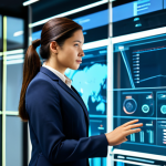 A confident professional woman in a modest, tailored business suit, standing in a sleek, minimalist innovation lab. She is thoughtfully gesturing towards a futuristic transparent digital display showing complex data visualizations, embodying critical thinking and problem-solving in the AI era. The background features blurred, high-tech equipment and subtle digital lines, suggesting advanced technology. Professional photography, high-resolution, cinematic lighting. fully clothed, appropriate attire, modest clothing, safe for work, appropriate content, professional dress, perfect anatomy, correct proportions, natural pose, well-formed hands, proper finger count, natural body proportions, professional, family-friendly.