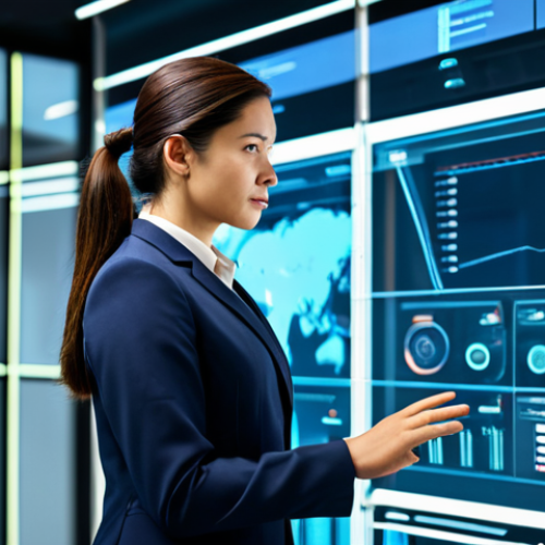 Home 22 A confident professional woman in a modest, tailored business suit, standing in a sleek, minimalist innovation lab. She is thoughtfully gesturing towards a futuristic transparent digital display showing complex data visualizations, embodying critical thinking and problem-solving in the AI era. The background features blurred, high-tech equipment and subtle digital lines, suggesting advanced technology. Professional photography, high-resolution, cinematic lighting. fully clothed, appropriate attire, modest clothing, safe for work, appropriate content, professional dress, perfect anatomy, correct proportions, natural pose, well-formed hands, proper finger count, natural body proportions, professional, family-friendly.