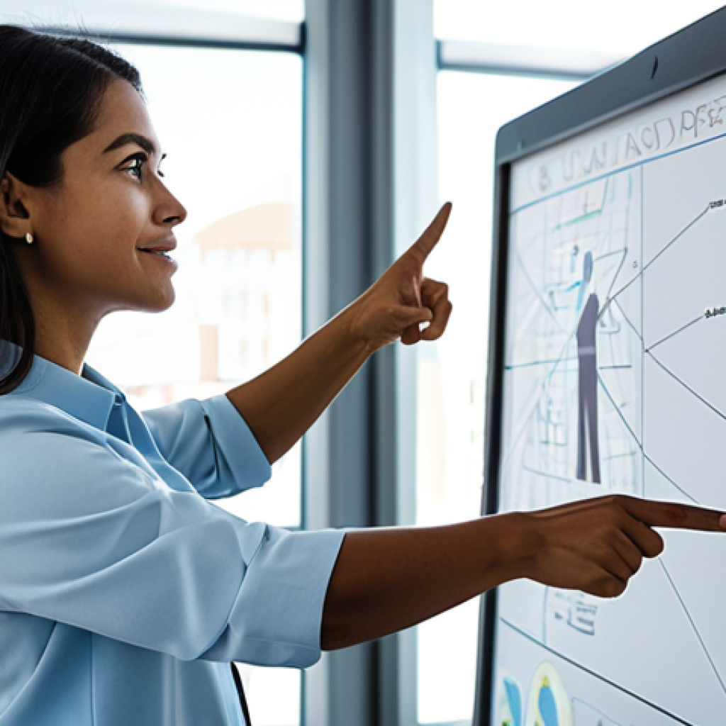 A focused Brazilian professional, fully clothed in modest and appropriate business casual attire, standing confidently beside an interactive digital whiteboard in a bright, modern office. The individual is pointing at a mind map illustrating concepts of 'innate strengths' and 'skill development', symbolizing self-discovery and professional growth. Sunlight streams through large windows, revealing a blurred, dynamic cityscape. Perfect anatomy, correct proportions, natural pose, well-formed hands, proper finger count, natural body proportions. Professional photography, high-resolution, sharp focus, natural lighting. safe for work, appropriate content, fully clothed, professional.