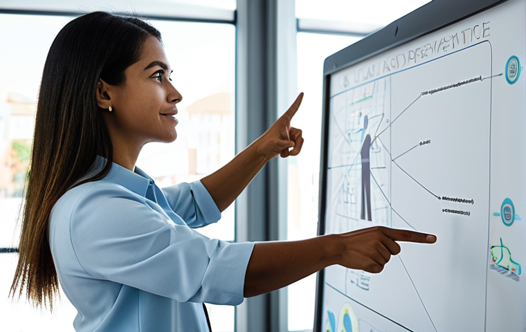 A focused Brazilian professional, fully clothed in modest and appropriate business casual attire, standing confidently beside an interactive digital whiteboard in a bright, modern office. The individual is pointing at a mind map illustrating concepts of 'innate strengths' and 'skill development', symbolizing self-discovery and professional growth. Sunlight streams through large windows, revealing a blurred, dynamic cityscape. Perfect anatomy, correct proportions, natural pose, well-formed hands, proper finger count, natural body proportions. Professional photography, high-resolution, sharp focus, natural lighting. safe for work, appropriate content, fully clothed, professional.