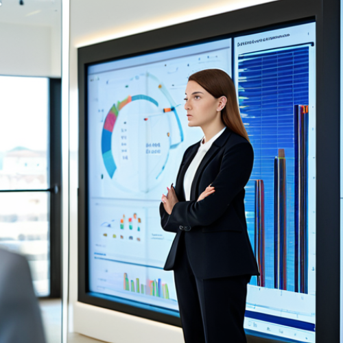 Home 9 A professional woman, fully clothed in a modest business blazer and trousers, stands in a sleek, modern co-working space. She is thoughtfully observing a large, transparent digital display showing abstract data visualizations and evolving patterns. Her expression is focused and curious, conveying deep intellectual engagement. The background features blurred modern architecture, suggesting a global environment. The lighting is bright and professional. Perfect anatomy, correct proportions, natural pose, well-formed hands, proper finger count, safe for work, appropriate content, fully clothed, modest clothing, high quality.