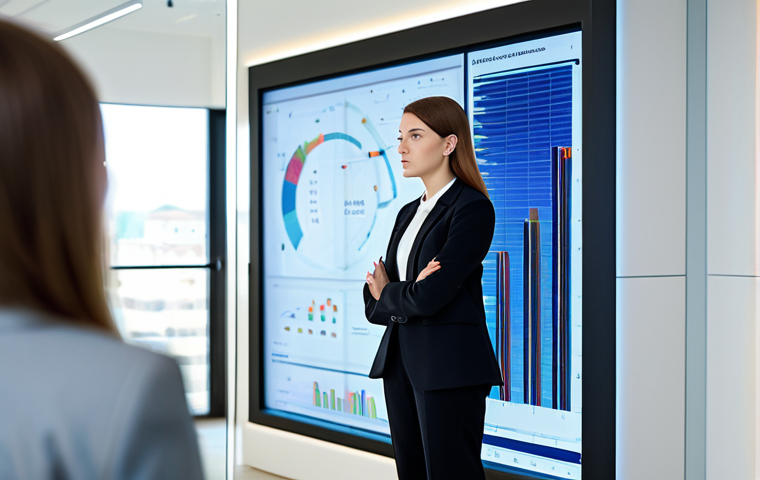 A professional woman, fully clothed in a modest business blazer and trousers, stands in a sleek, modern co-working space. She is thoughtfully observing a large, transparent digital display showing abstract data visualizations and evolving patterns. Her expression is focused and curious, conveying deep intellectual engagement. The background features blurred modern architecture, suggesting a global environment. The lighting is bright and professional. Perfect anatomy, correct proportions, natural pose, well-formed hands, proper finger count, safe for work, appropriate content, fully clothed, modest clothing, high quality.