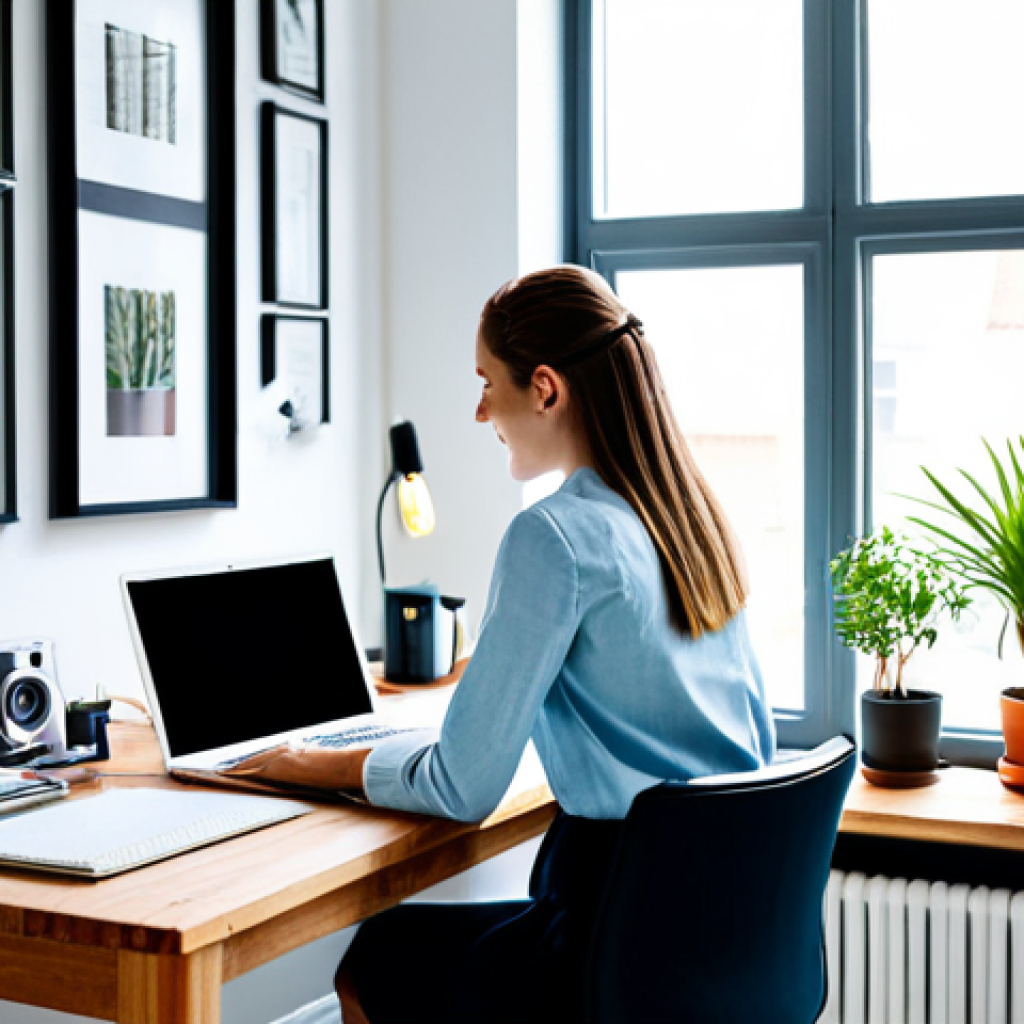 Inspiring Home Workspace**
"A young professional woman, fully clothed in comfortable but stylish attire, working at a bright and organized desk in her home office. Natural light streams in, illuminating a laptop, a plant, and a framed photo. Safe for work, appropriate content, perfect anatomy, natural proportions, family-friendly, professional, high quality."
**