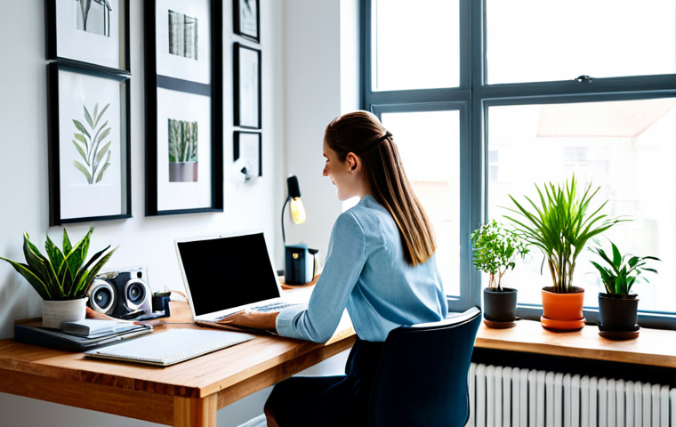 Inspiring Home Workspace**
"A young professional woman, fully clothed in comfortable but stylish attire, working at a bright and organized desk in her home office. Natural light streams in, illuminating a laptop, a plant, and a framed photo. Safe for work, appropriate content, perfect anatomy, natural proportions, family-friendly, professional, high quality."
**
