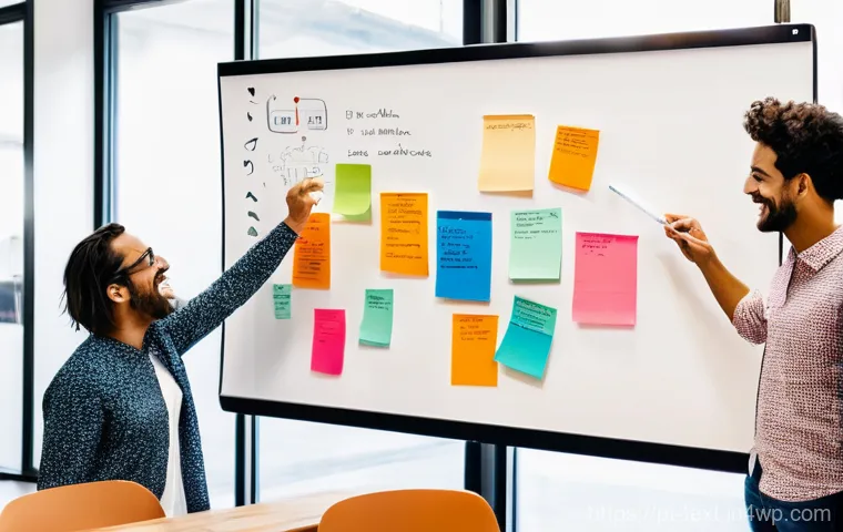 창의적 사고 훈련을 위한 기법 - **Prompt:** A dynamic and vibrant brainstorming session in a modern, sunlit co-working space in Lisb...
