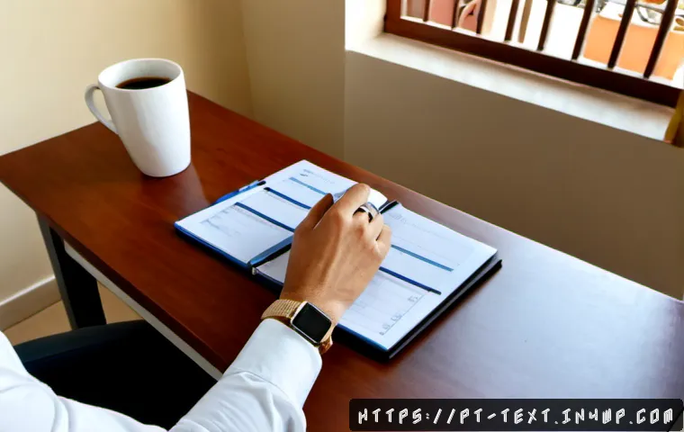 Home 17 직업 균형을 위한 시간 관리 기술 - Photorealistic home office scene in Portugal, a focused middle-aged professional calmly organizing a...